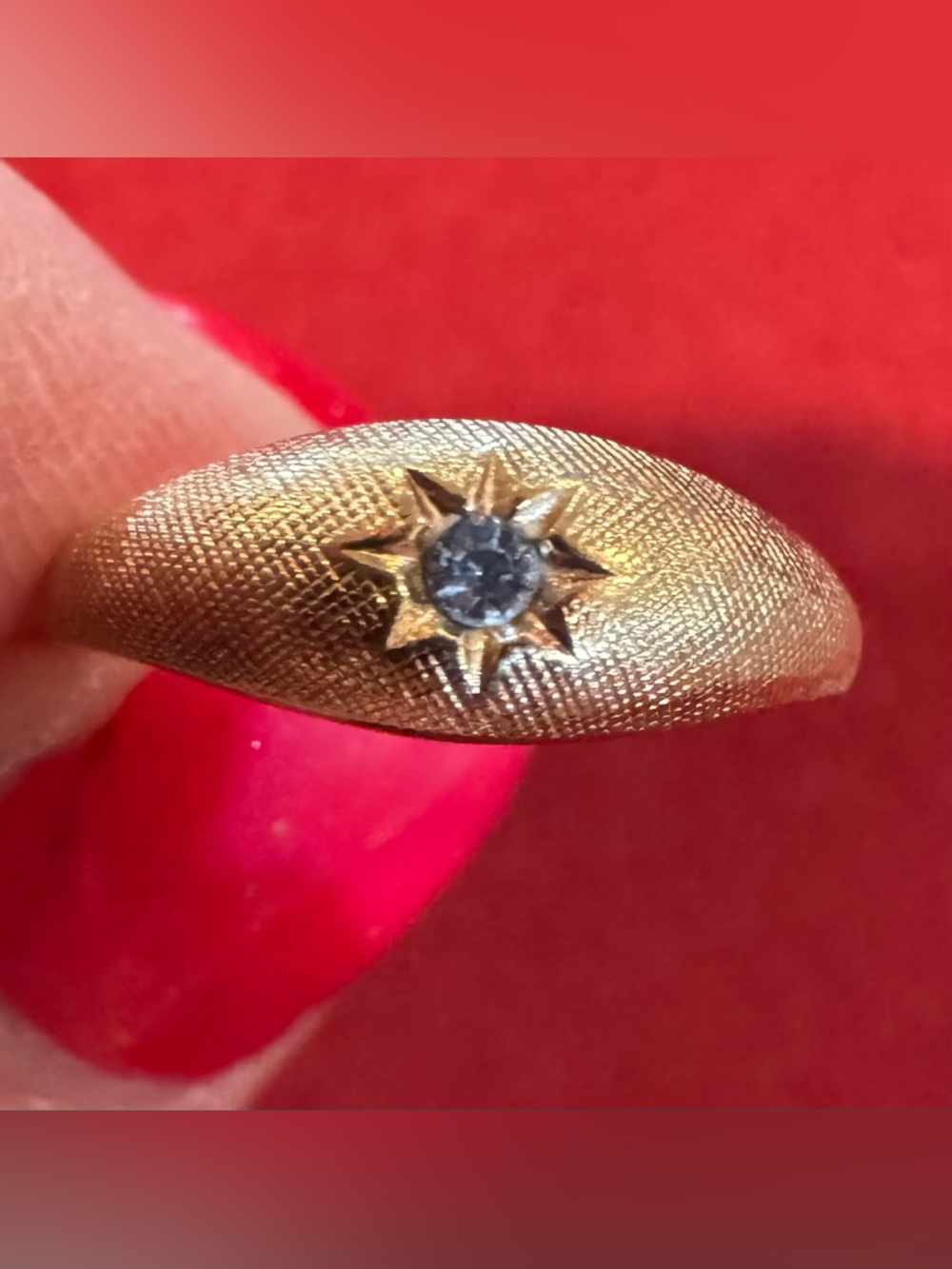 Vintage 1980 Avon Petite Starburst Pinky Ring, Textured Gold Tone, 1 Clear Stone